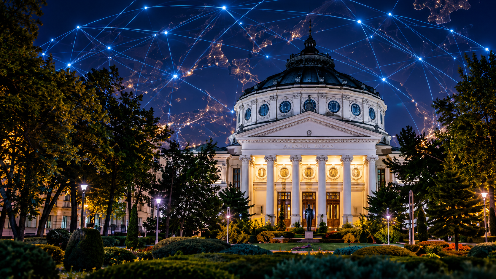 Romanian Athenaeum illuminated beneath a network of quantum connections